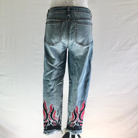 Blue Faith Ankle Cropped Jeans Embroidered Flames Light Blue Wash Size 11 - Picture 2 of 9